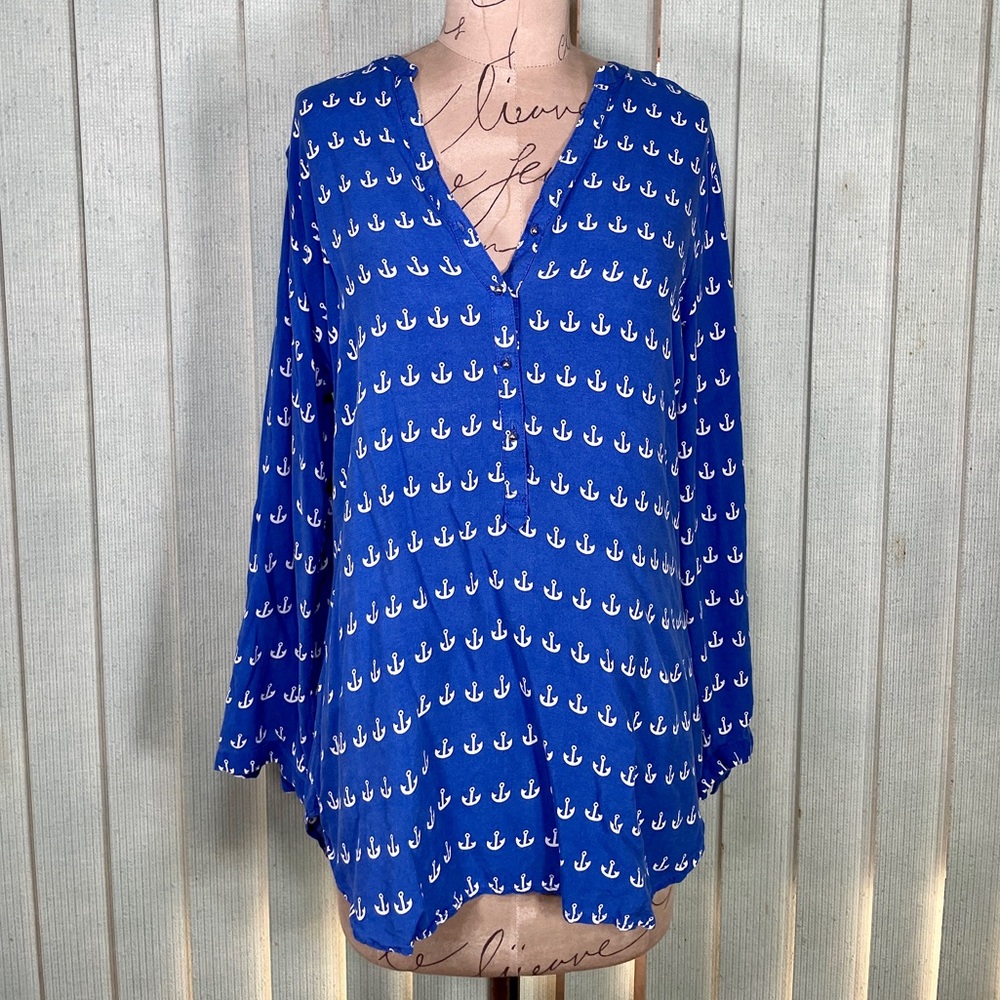 Grand & Greene Medium lightweight long sleeve blue nautical anchor print shirt